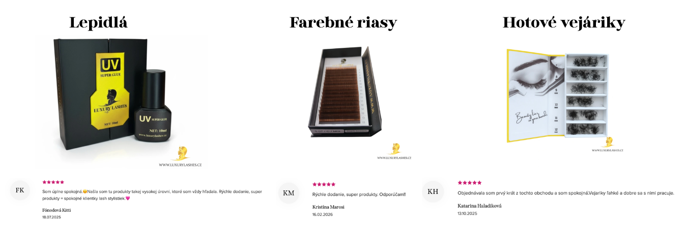 Koláž produktov Luxury Lashes: UV lepidlá, farebné riasy a hotové vejáriky